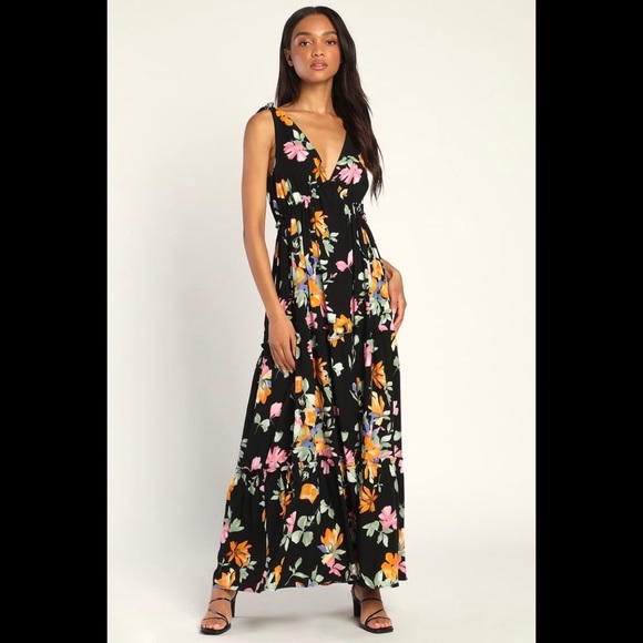NWT LULUS Beloved Bae Black Floral Print Tie-Strap Tiered Maxi Dress - Picture 6 of 10